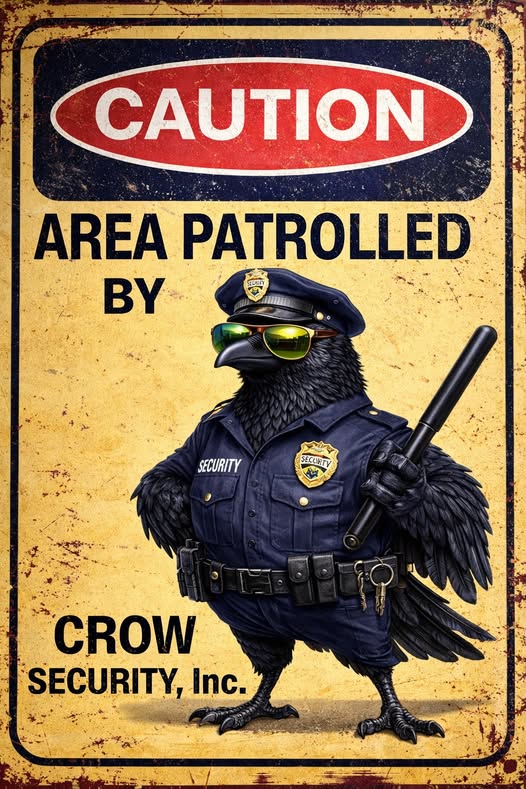 Caution: area patrolled by Crow Security, Inc. A crow dressed as a security guard.