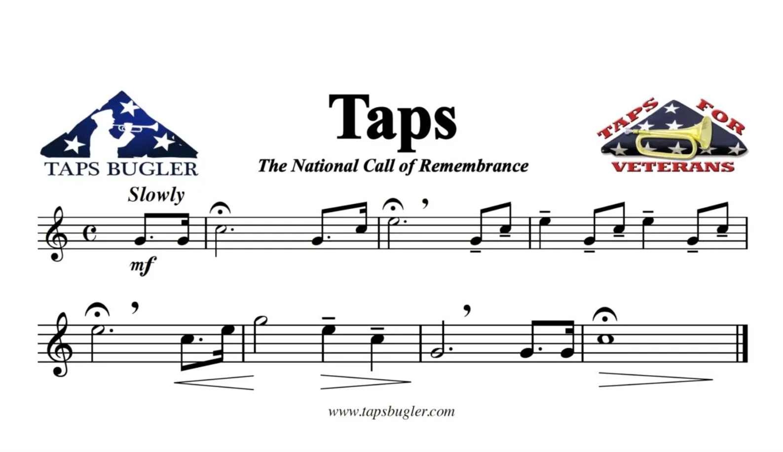 Taps — The National Call of Remembrance. Two lines of musical notation, with Taps Bugler and Taps for Veterans logos.